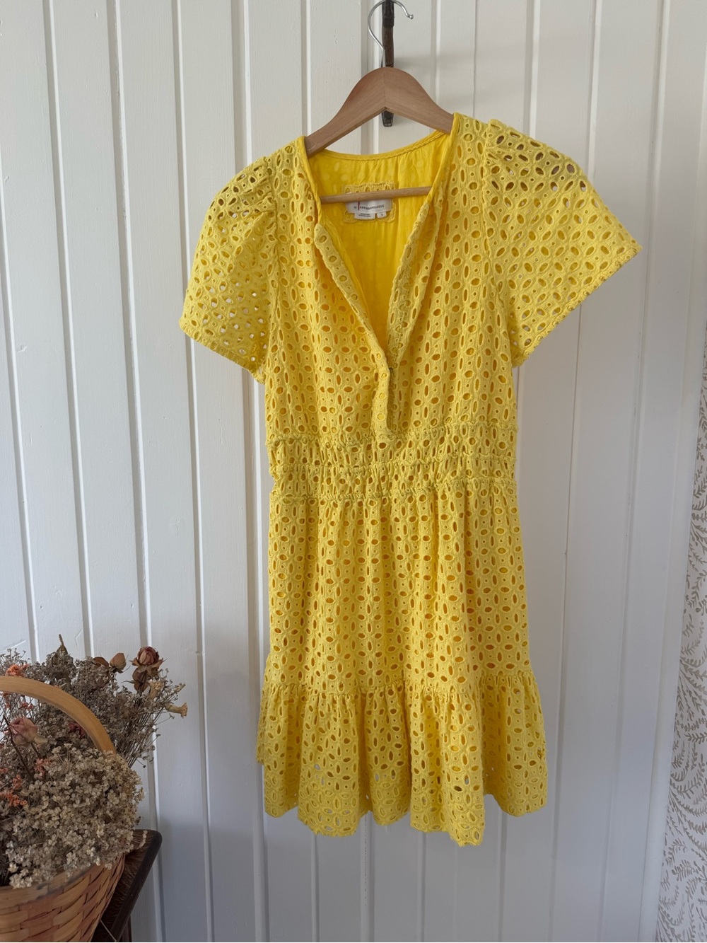 Anthropologie Sunshine Yellow Cotton Eyelet Tiered Dress
